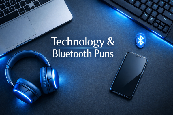Blue technology themed section image for Bluetooth and tech blue puns