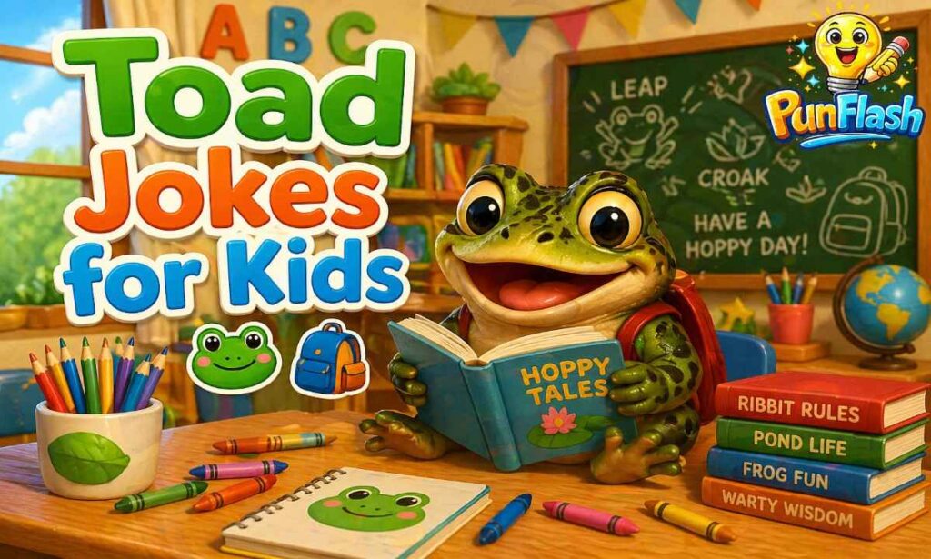 toad puns for kids with cute cartoon toad in classroom funny clean jokes