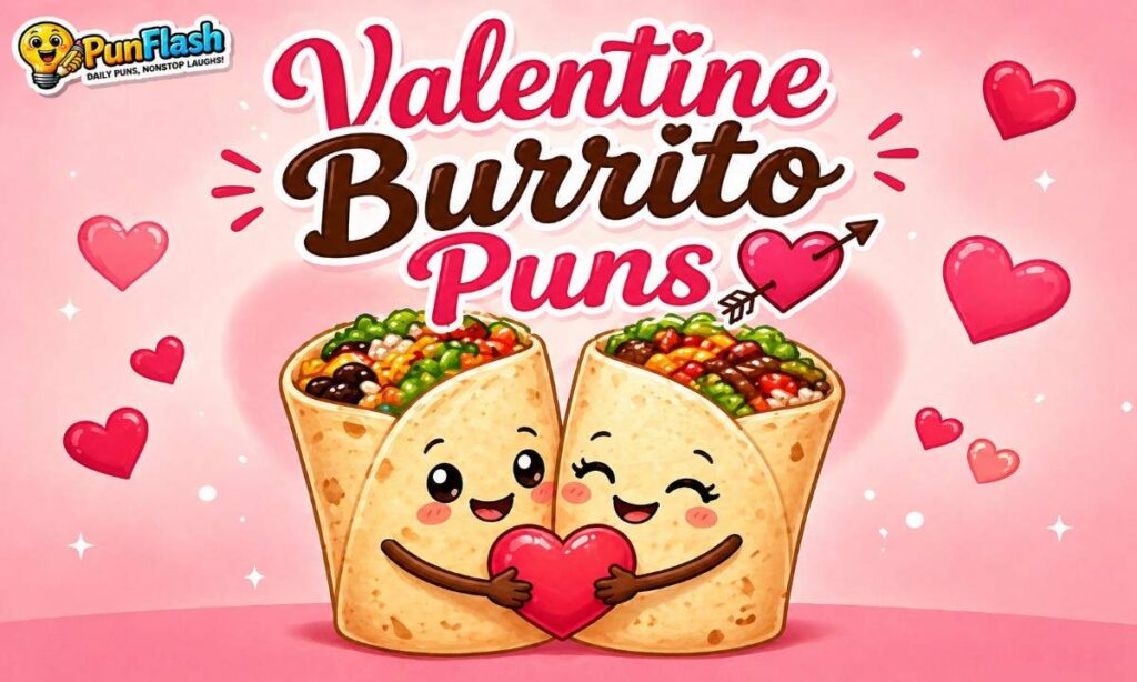 cute romantic burrito puns for valentines day with burrito couple illustration and hearts