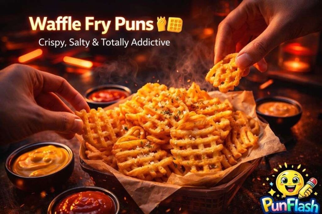 waffle fry puns crispy waffle fries basket with sauces street food style golden fries image