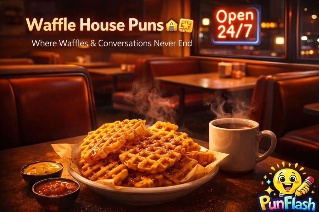 waffle house puns cozy diner waffles coffee 24/7 open warm restaurant scene