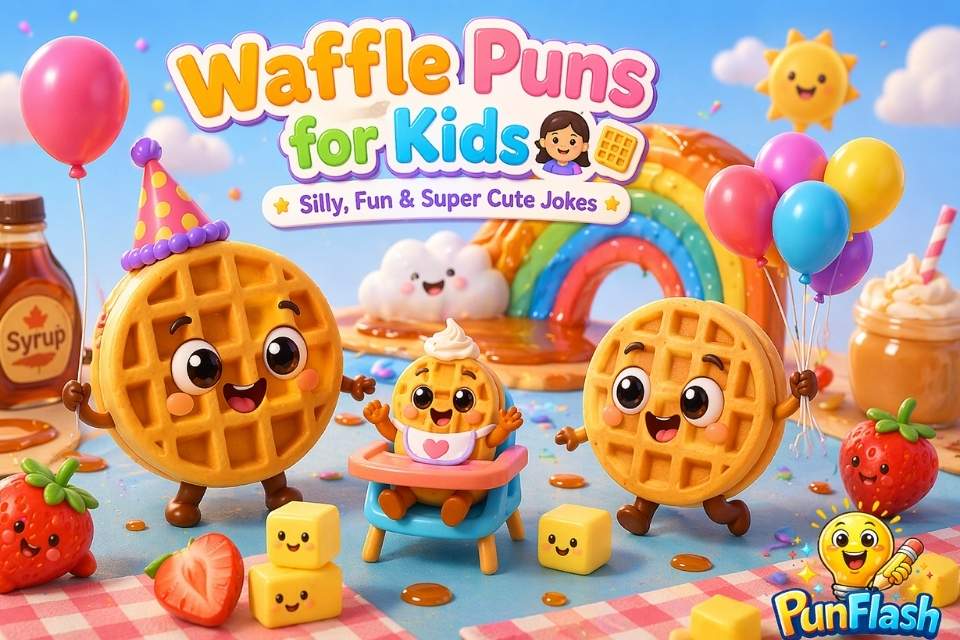 cute waffle puns for kids cartoon waffles smiling colorful fun breakfast scene children jokes