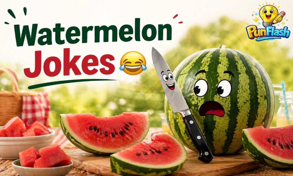 funny watermelon jokes with picnic style watermelon slices and playful summer scene