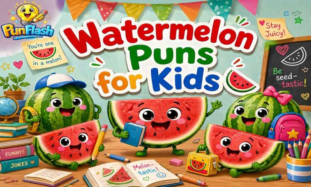 cute watermelon puns for kids with cartoon watermelon characters and fun school theme