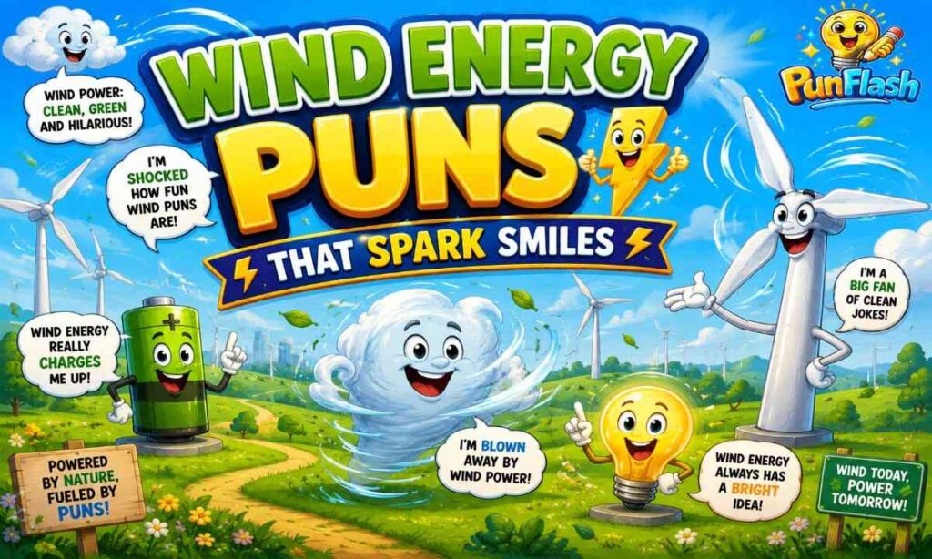 Wind Energy Puns cartoon illustration featuring smiling wind turbines, a happy tornado, battery mascot, light bulb character, and renewable energy jokes in a colorful countryside.