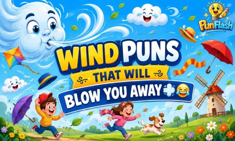 Funny Wind Puns blog illustration featuring a smiling wind gust blowing hats, balloons, kites, and leaves through a colorful countryside scene.