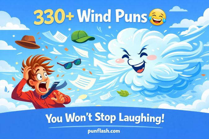 funny wind puns illustration with gust character blowing leaves