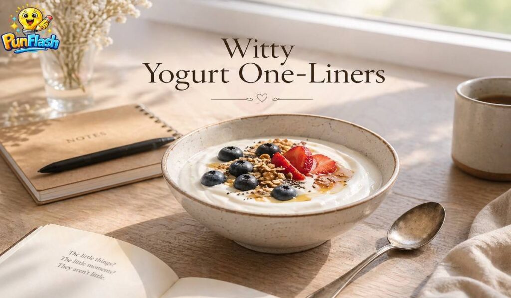 minimal yogurt bowl with spoon and notebook in calm setting representing witty yogurt one liners