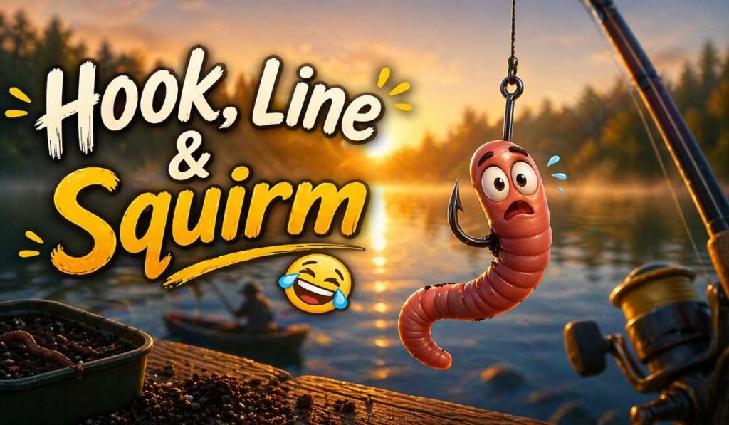 funny worm puns for fishing with earthworm on hook near lake at sunrise bait humor illustration