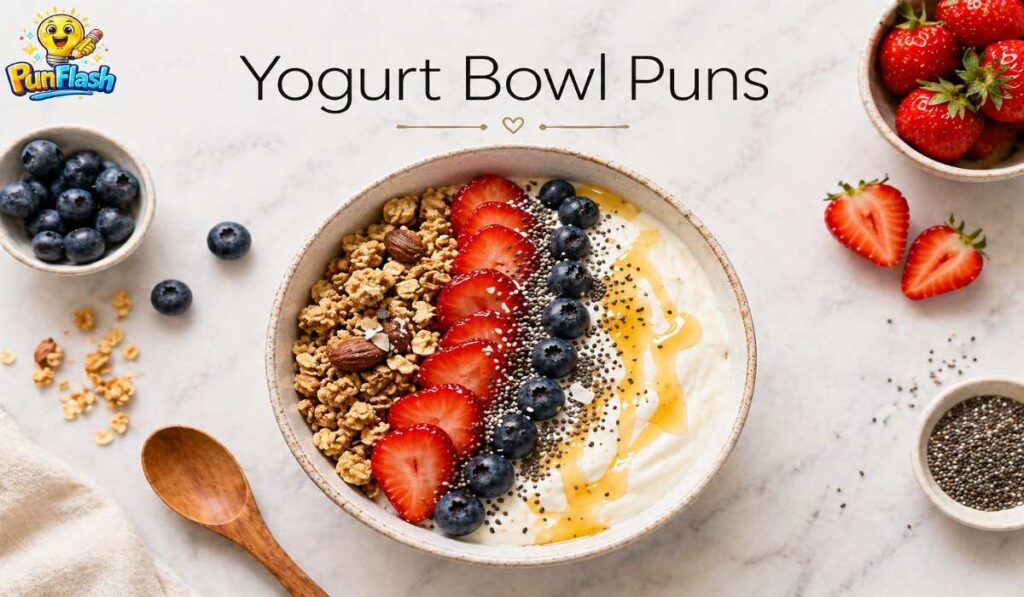 aesthetic yogurt bowl with layered toppings and honey for yogurt bowl puns blog section