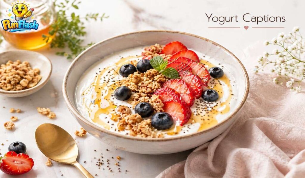 aesthetic yogurt bowl with berries granola and honey representing yogurt captions for social media
