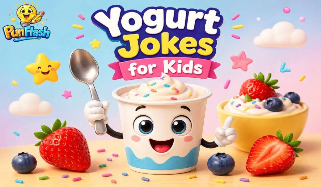 cute cartoon yogurt character with fruits and logo representing yogurt jokes for kids