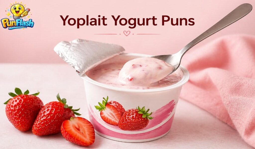 strawberry yogurt cup with spoon and logo representing yoplait yogurt puns section