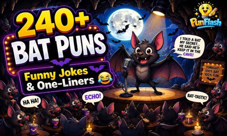 Funny bat puns and jokes collection featuring cartoon bats laughing inside a cave comedy club under a full moon
