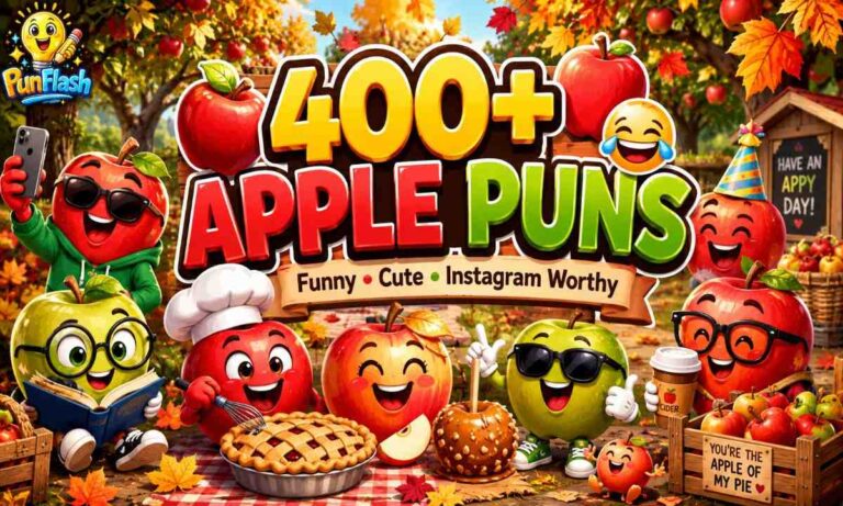400 funny apple puns with cartoon apples for Instagram captions jokes and wordplay ideas