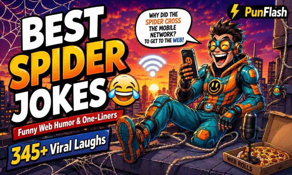 Funny comic-style web superhero laughing on rooftop with joke
