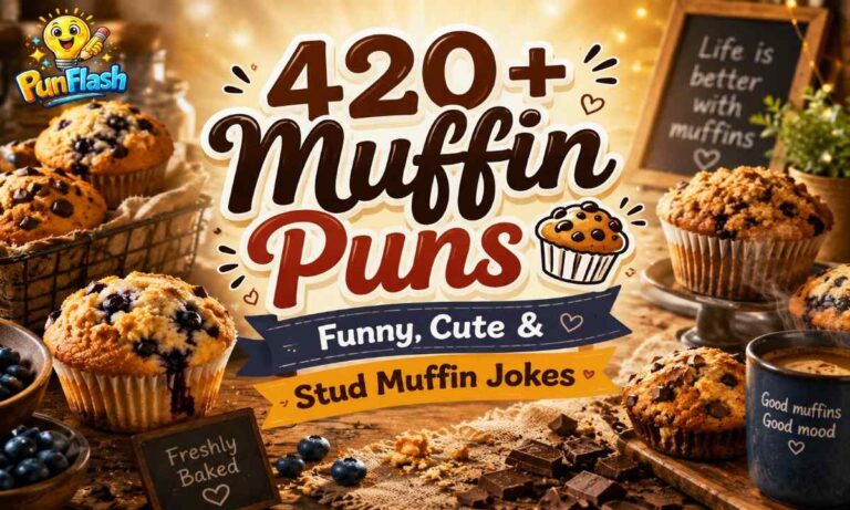 Fresh blueberry and chocolate muffins on a rustic bakery table for a funny muffin puns article