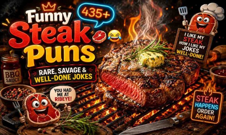 Funny steak puns featured image with sizzling ribeye steak on BBQ grill and humorous foodie text for steak jokes blog post