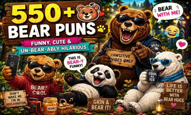Funny bear puns blog featured image with cartoon bears laughing in a colourful forest party scene