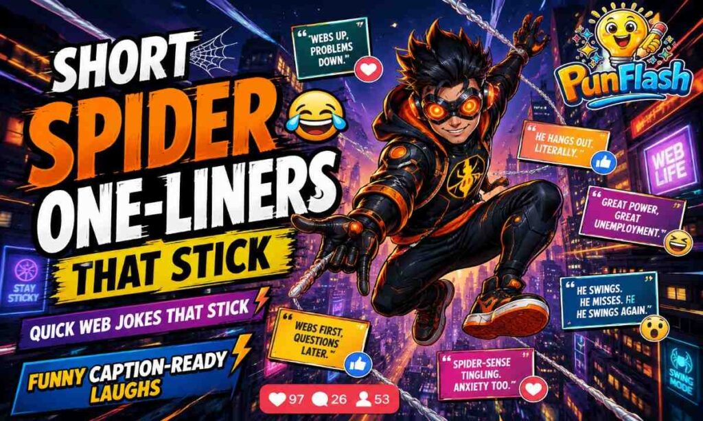 Comic-style parody web hero jumping between buildings with funny one-liner