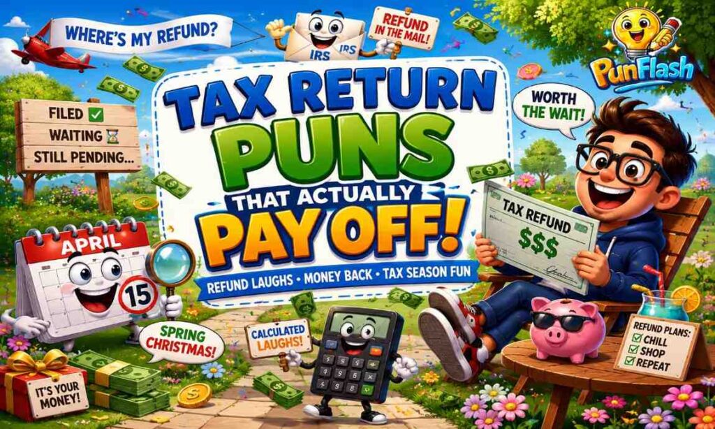 Tax return puns and refund jokes cartoon featuring a taxpayer receiving a tax refund check, IRS processing updates, income tax return filing, refund status tracking, calculator character, and tax season humor.