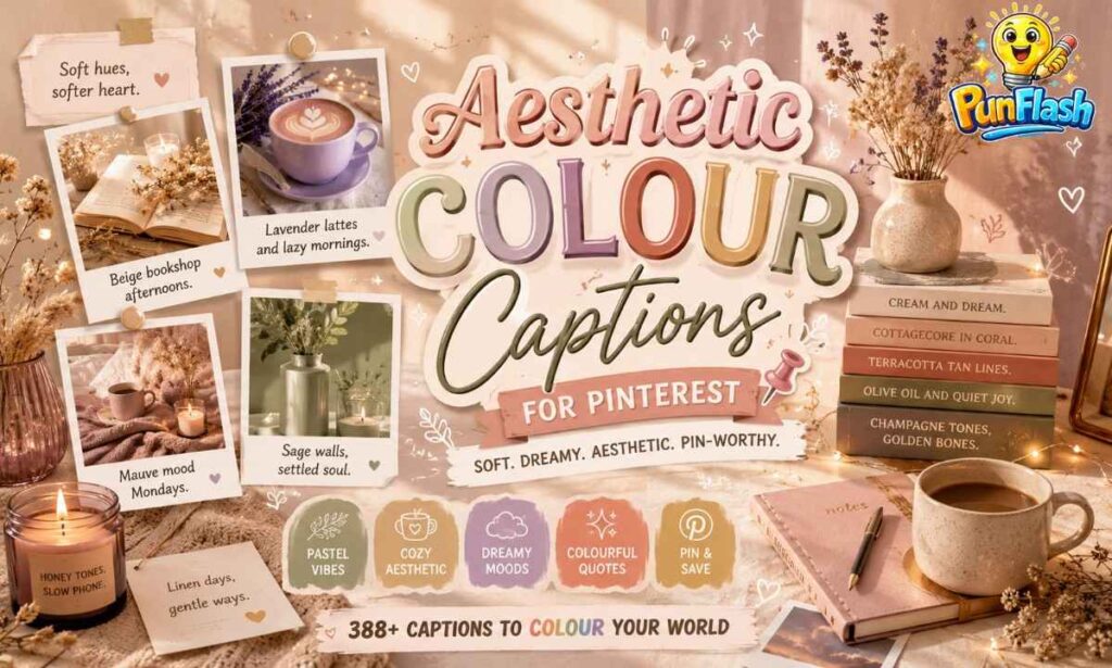 Aesthetic Pinterest-style colour captions featured image with pastel tones, cozy decor, dreamy typography, candles, books, and soft lifestyle aesthetics.