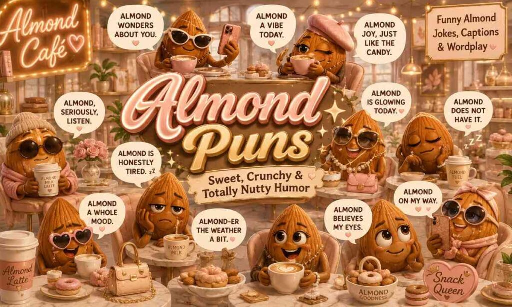 Cute almond puns cartoon image with stylish almonds drinking coffee and relaxing inside an aesthetic almond cafe lounge.
