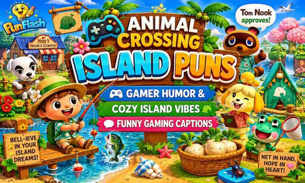 Animal Crossing island puns image with gamer humor tropical island village