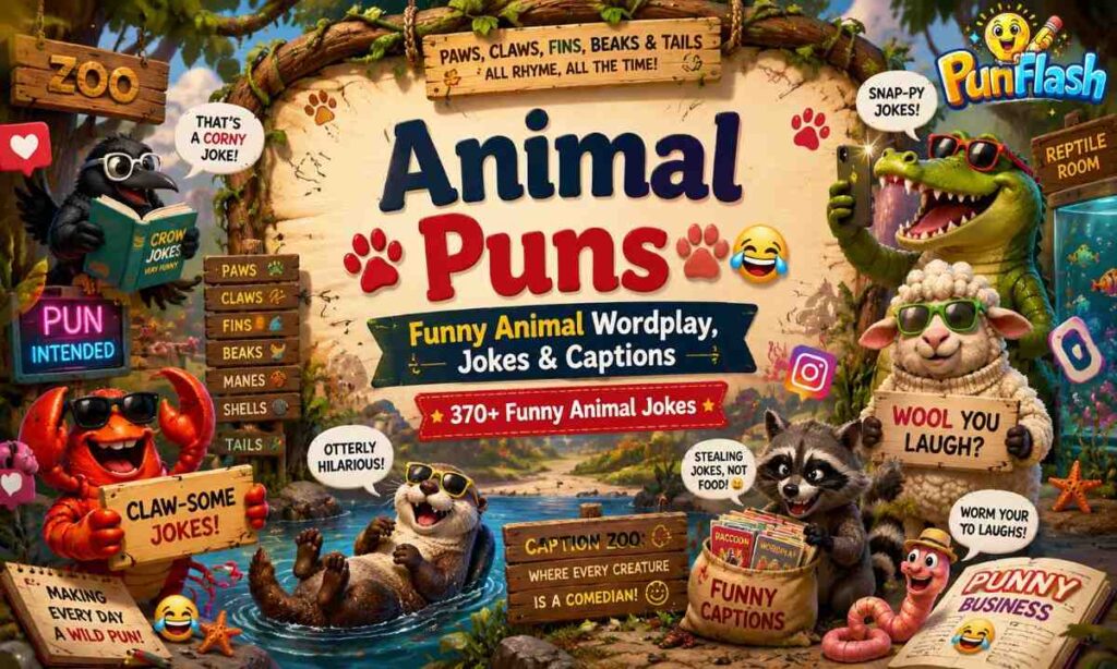 Funny cartoon animal pun illustration featuring lobster, crow, sheep, raccoon, crocodile, worm and otter characters for animal puns jokes and caption collection.