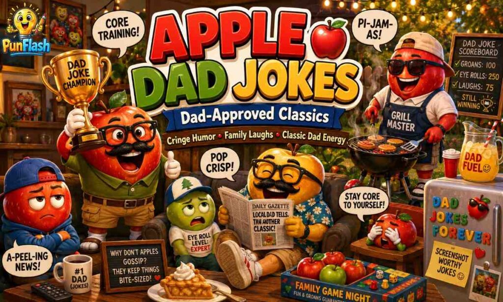 Apple dad jokes illustration featuring funny cartoon apples telling dad jokes with family humor, wordplay comedy, and wholesome apple characters