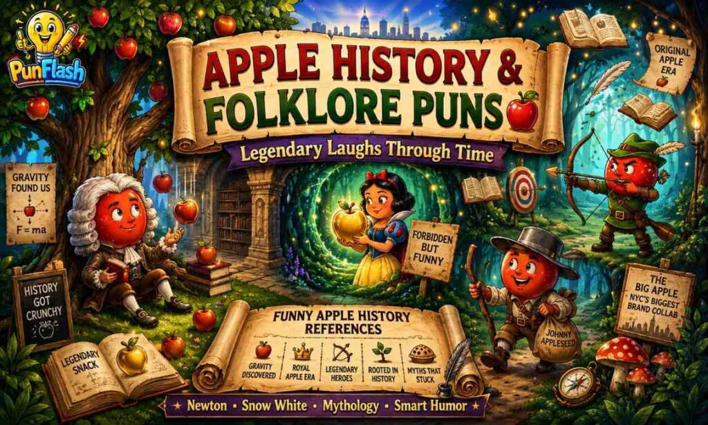 Apple history and folklore puns illustration featuring cartoon apples inspired by Newton, Snow White, mythology, Johnny Appleseed, and legendary apple humor