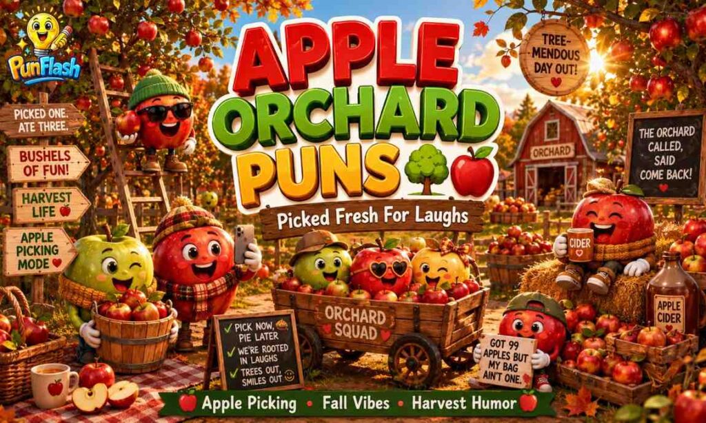 Apple orchard puns illustration featuring cartoon apples in a fall orchard with apple picking humor, harvest season vibes, and autumn caption ideas