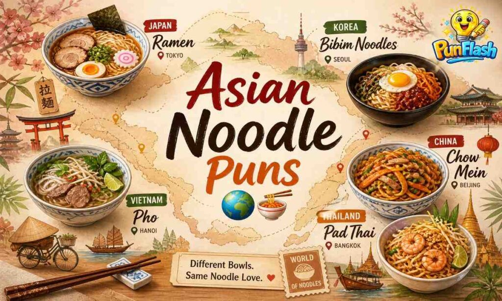 asian noodle puns illustration with ramen pho chow mein and korean noodles on world map showing global food humor
