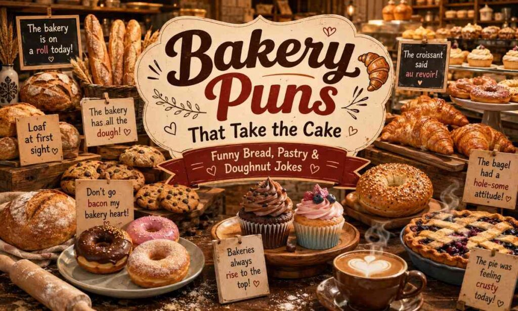Funny bakery puns image with croissants, doughnuts, bread, cupcakes, and pastries in a cozy artisan bakery