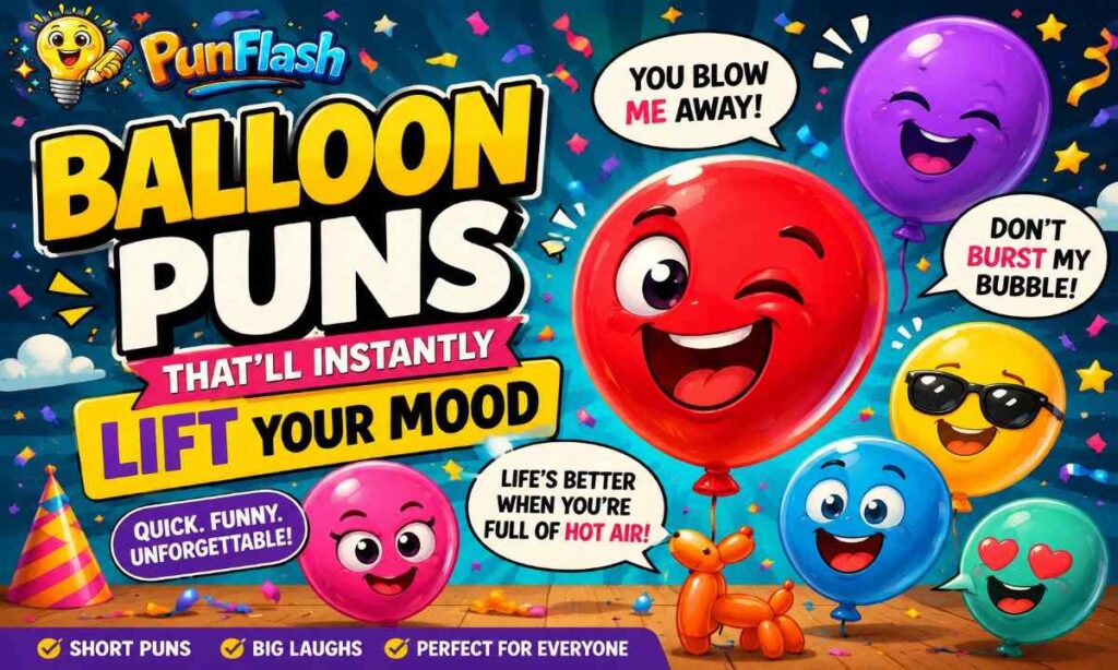 Funny balloon puns cartoon image with colorful smiling balloons, party confetti