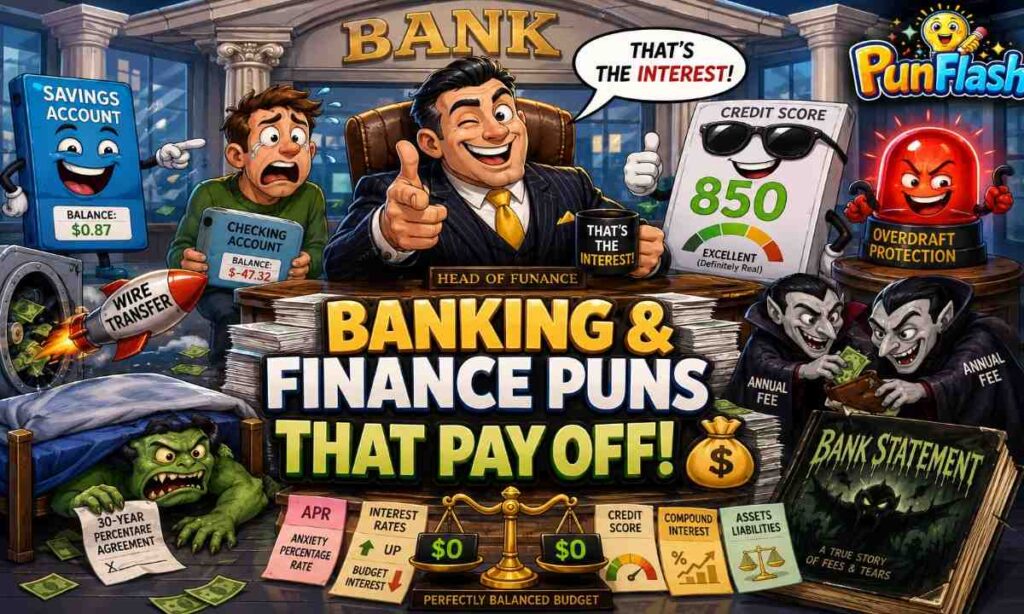 Banking and Finance Puns That Pay Off featuring cartoon banker, laughing savings account, credit score report, overdraft warning, and funny banking jokes illustration