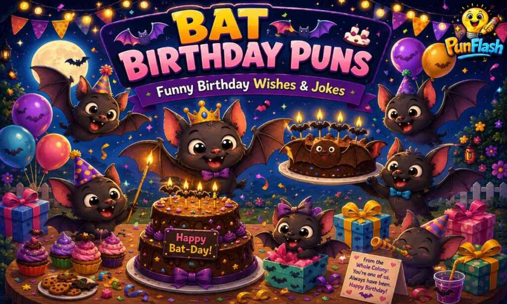 Cute cartoon bats celebrating a birthday party with cake balloons gifts and funny bat birthday puns under a moonlit night sky