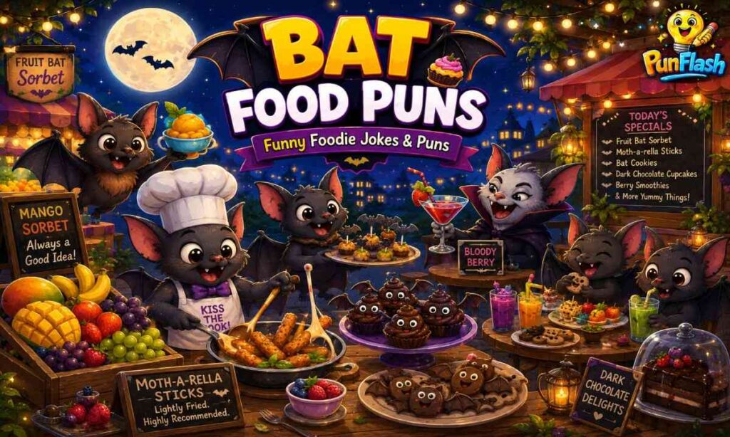Cute cartoon bats enjoying desserts fruit platters snacks and funny bat food puns at a moonlit food festival