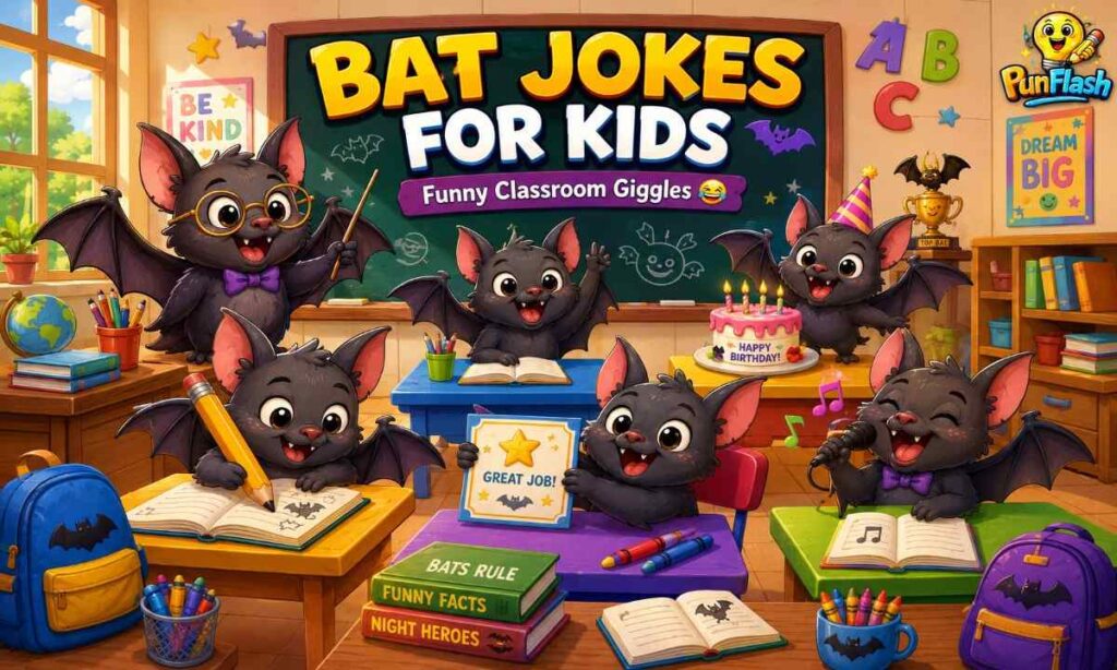 Cute cartoon bats in a colorful classroom sharing funny bat jokes for kids and school humor