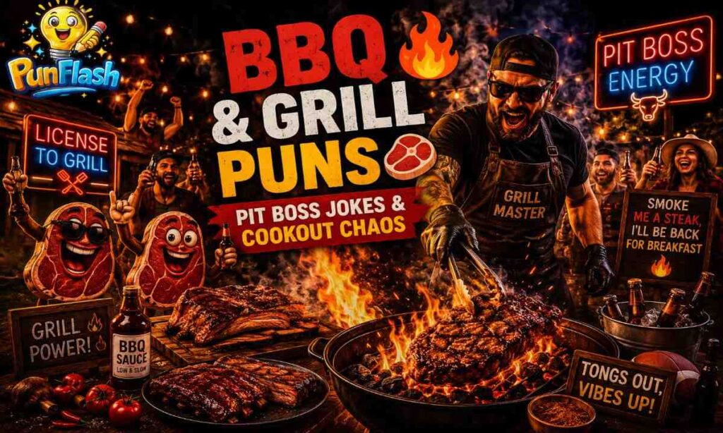 BBQ and grill puns image featuring flaming steak grills, funny cookout jokes, smoky barbecue party, and pit master humor