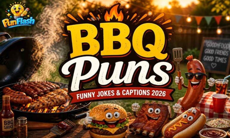 funny BBQ puns illustration with grill, meat, and summer barbecue captions
