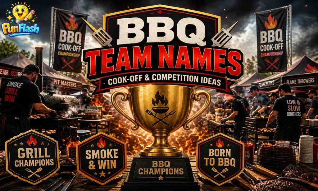 BBQ team names for cook-off competition with grill contest and barbecue championship theme