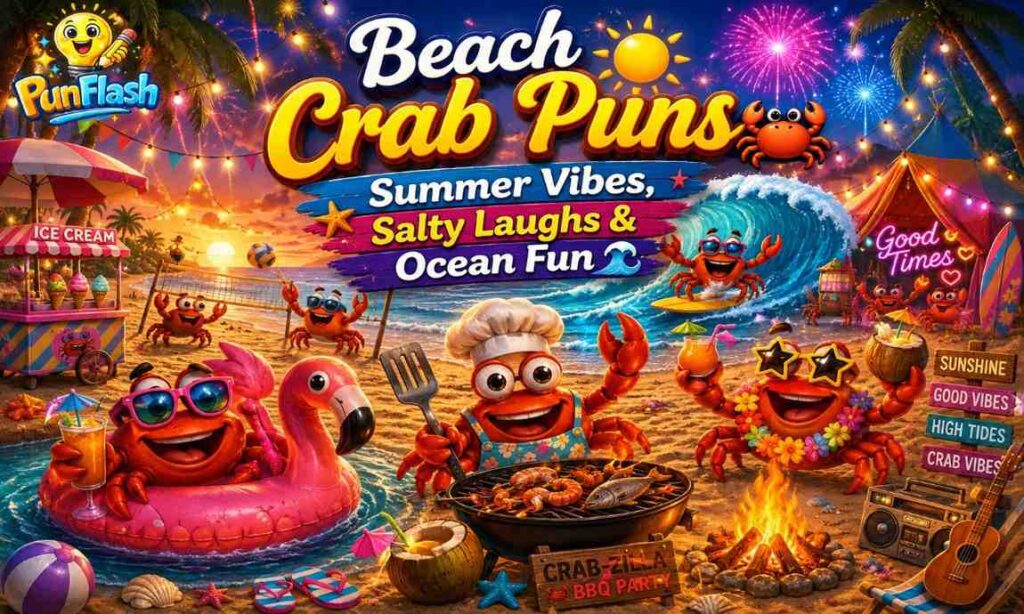 Beach crab puns image with funny cartoon crabs enjoying summer vacation vibes on a tropical beach