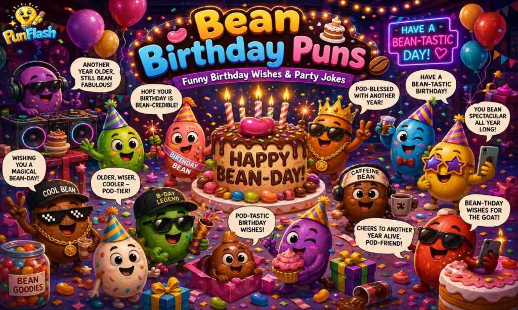 Funny cartoon bean birthday puns with cute party bean characters