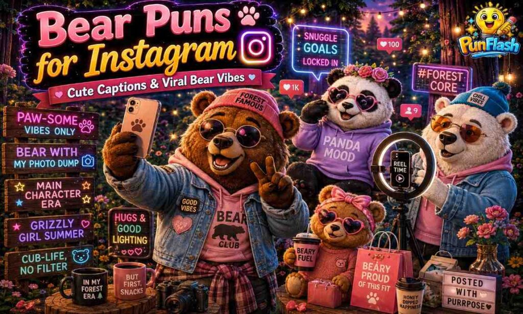 Cute influencer cartoon bears with funny Instagram puns