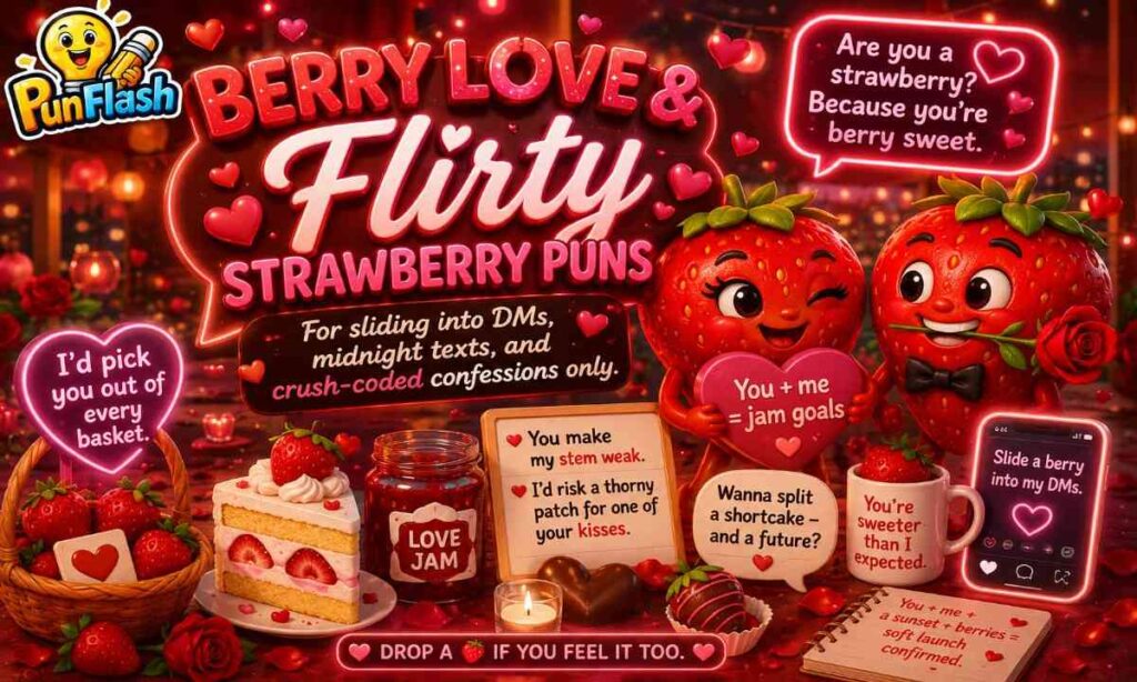 Berry love and flirty strawberry puns image with cute cartoon strawberries, romantic hearts, love notes, shortcake desserts, and funny dating captions