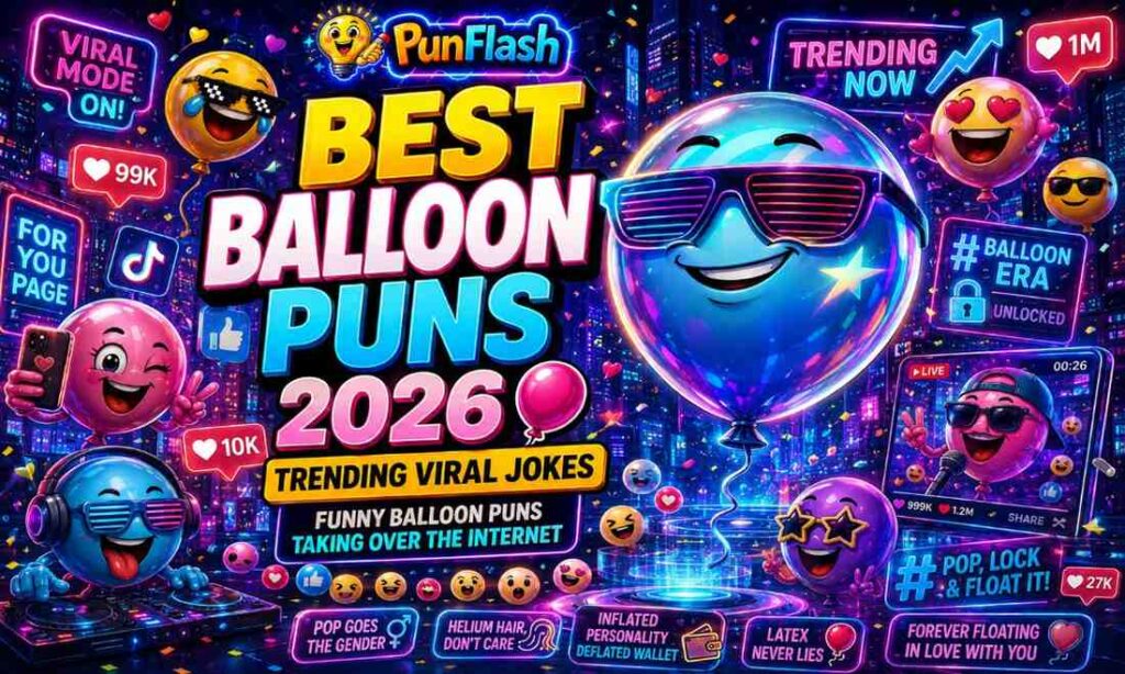 Best balloon puns 2026 cartoon image with viral social media balloons, neon meme humor, and trending helium jokes