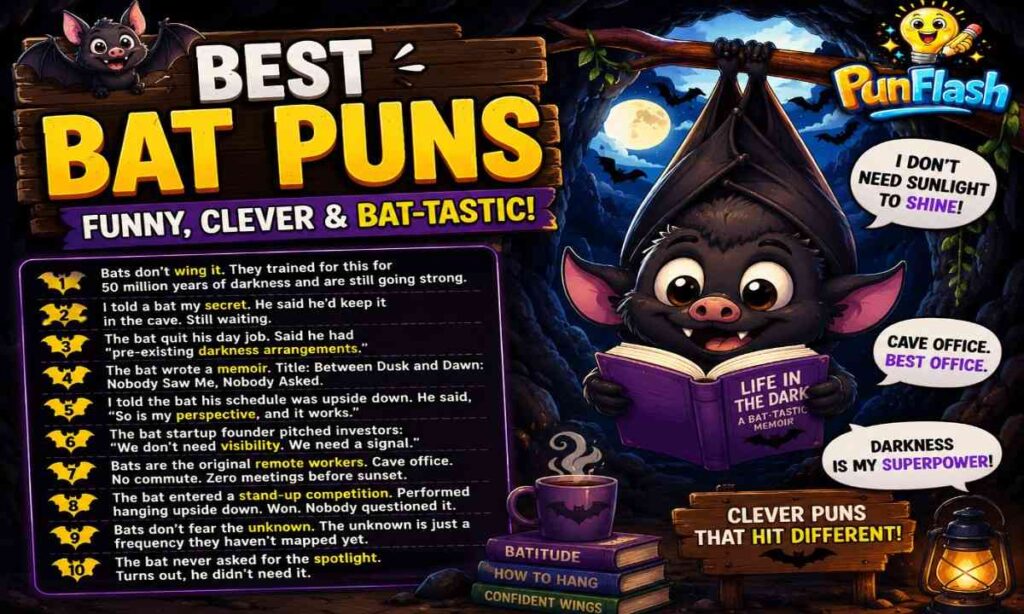 Cartoon bat comedian performing funny bat puns and jokes inside a moonlit cave comedy club with humorous bat audience
