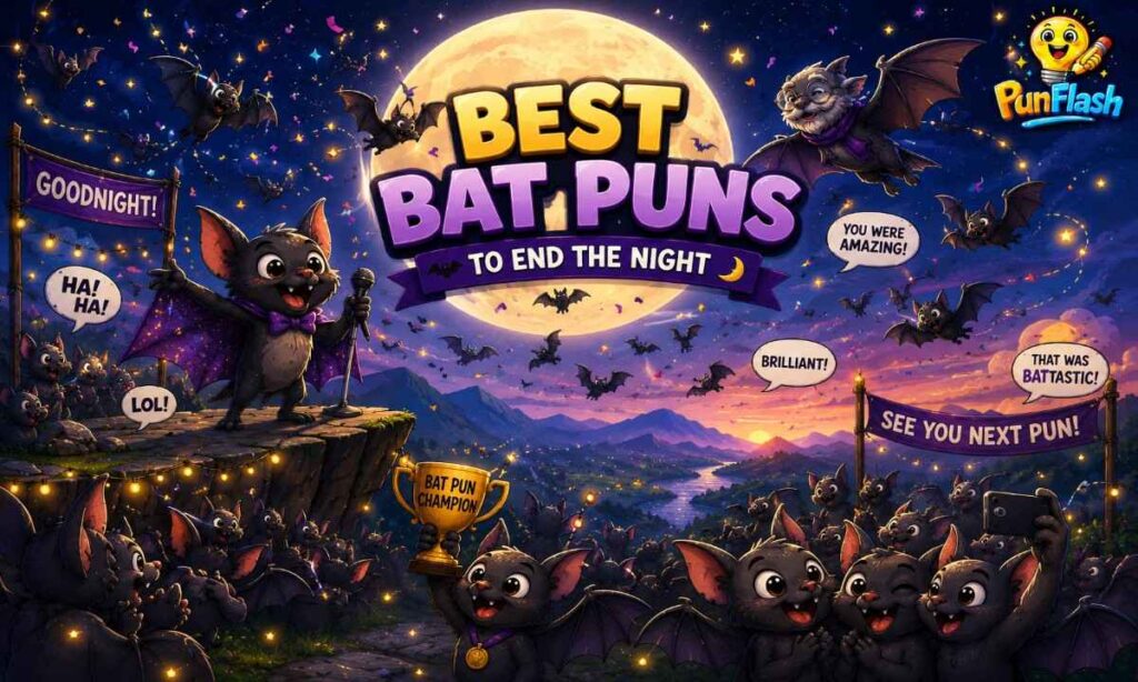 Cartoon bats celebrating the end of a comedy night under a full moon with the best bat puns and jokes