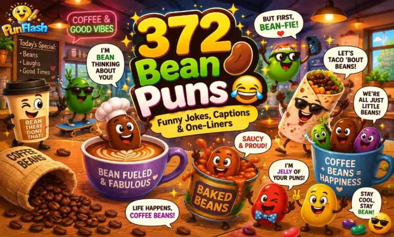 Funny cartoon bean puns with cute coffee beans and colorful joke characters